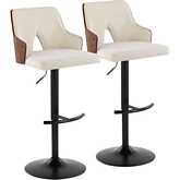 Stella Adjustable Swivel Bar Stool in Black Metal, Walnut Wood & Cream Fabric (Set of 2)